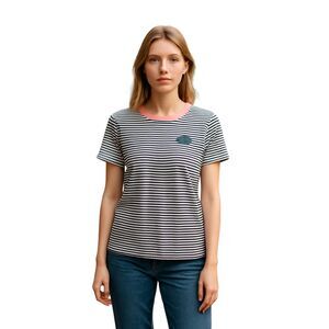 J. Crew Large All Cotton T-Shirt Navy White Striped Peacock Logo Pink Collar